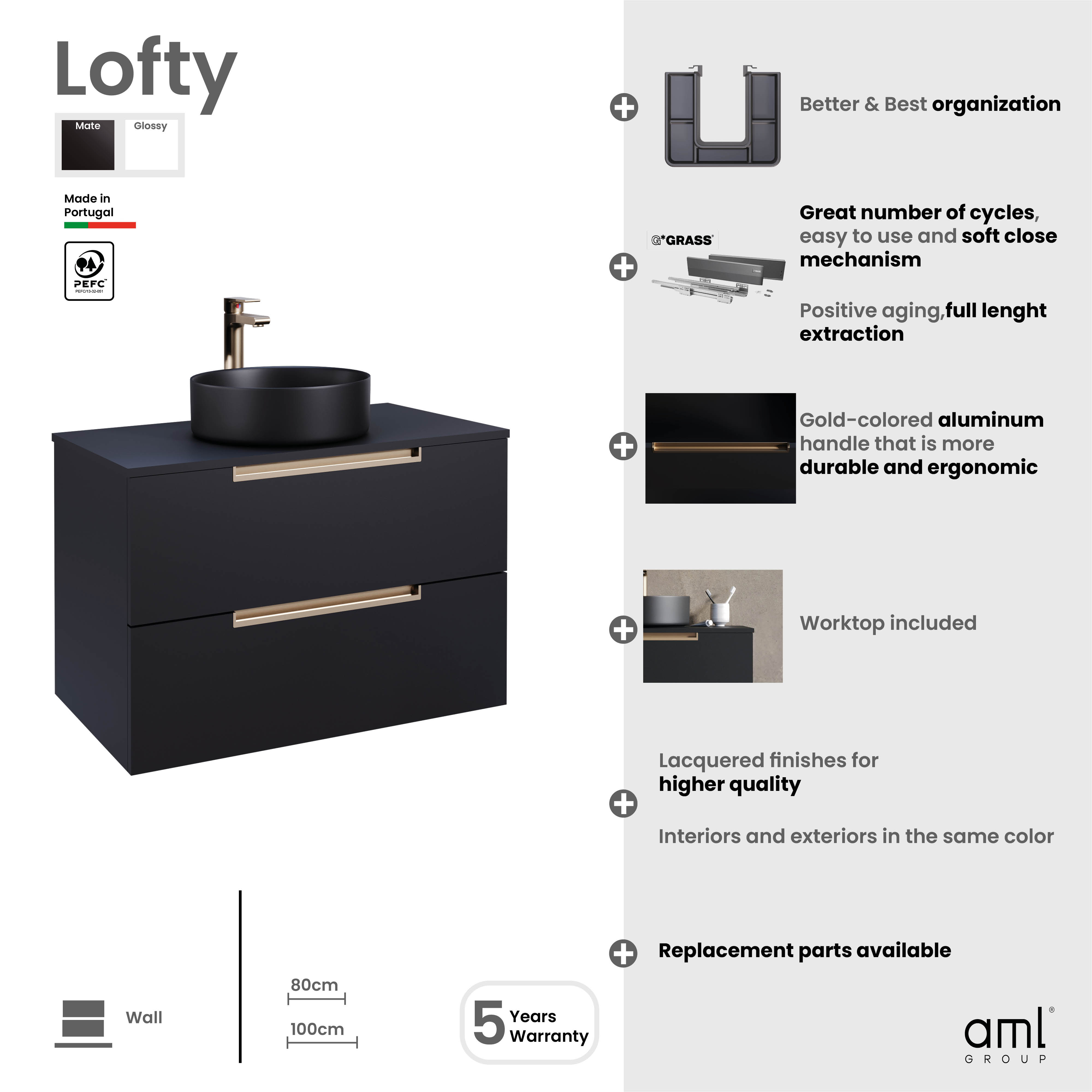 Mueble LOFTY Suspendido 80 cm Negro Mate c/ tiradores Gold - 5602566242389