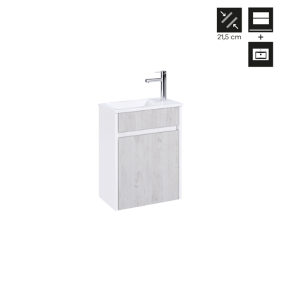 Conjunto Móvel MINI Suspenso 40 cm Branco e Carvalho Cinza + Lavatório