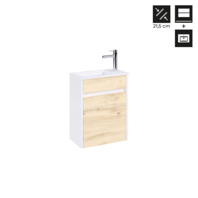 Conjunto Móvel MINI Suspenso 40 cm Branco e Carvalho Natural + Lavatório